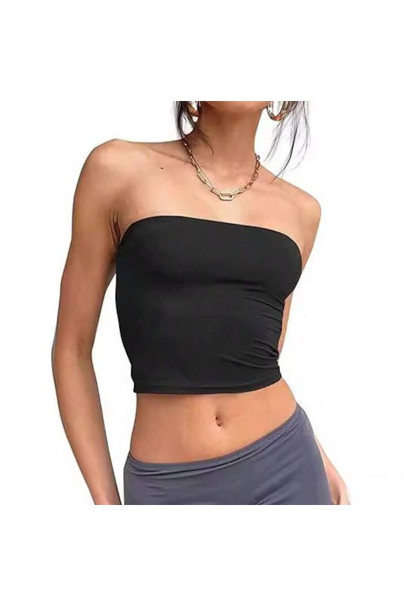 Black Strapless Tube Crop Top – Fitted Sleeveless Camisole With Smooth Bandless Neckline For Layering Or Solo Wear