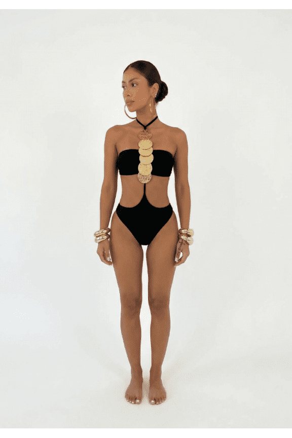 Black Strappy Cutout One Piece Swimsuit Bandeau Neck High Cut