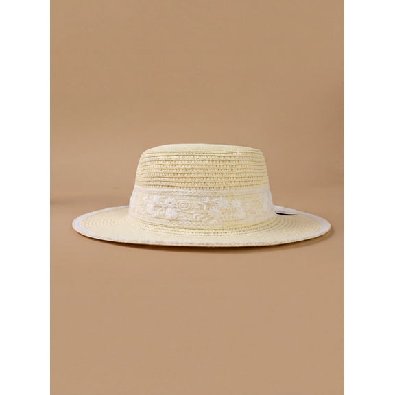 Black Straw Boater Hat for Women, Vintage Style Wide Brim Sun Hat with Floral Lace and Blue Rose, Boho Summer Beach Hat, Wedding Guest Acces
