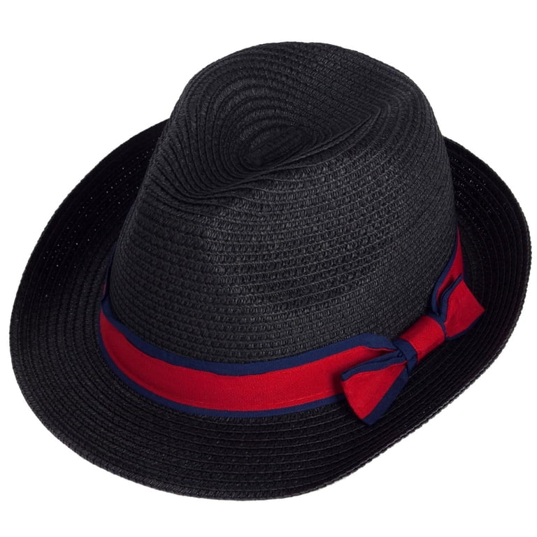 Black Straw Fedora Hat With Red Accent Ribbon And Bow  display picture 3