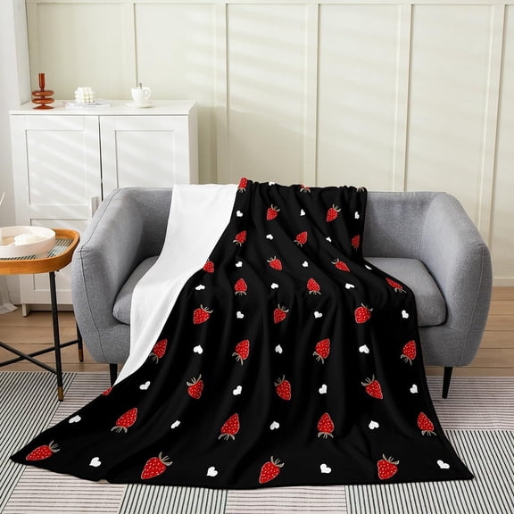 Black Strawberry Blanket for Couch Soft Flannel Fleece Throw Blanket for Bed Living Room