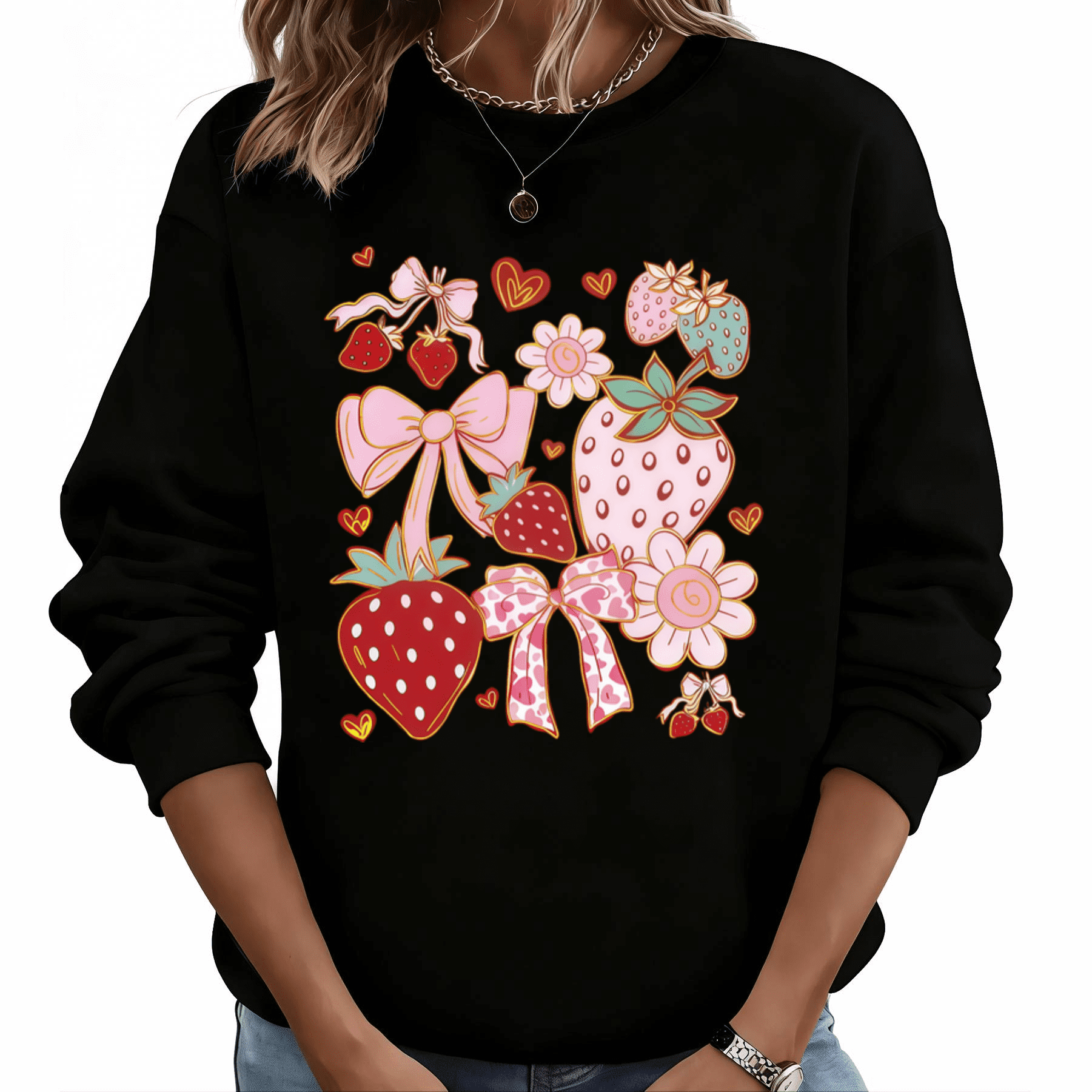 Black Strawberry Bow Print Sweatshirt Graphic Sweatshirt Women ...