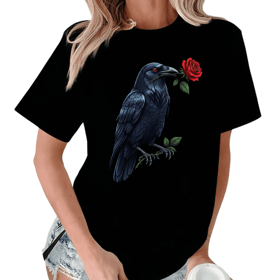 Black Streetwear Dark Academia Print Tshirt Graphic Tees Shirts Crow Rose Modern Wear S-5XL Tops