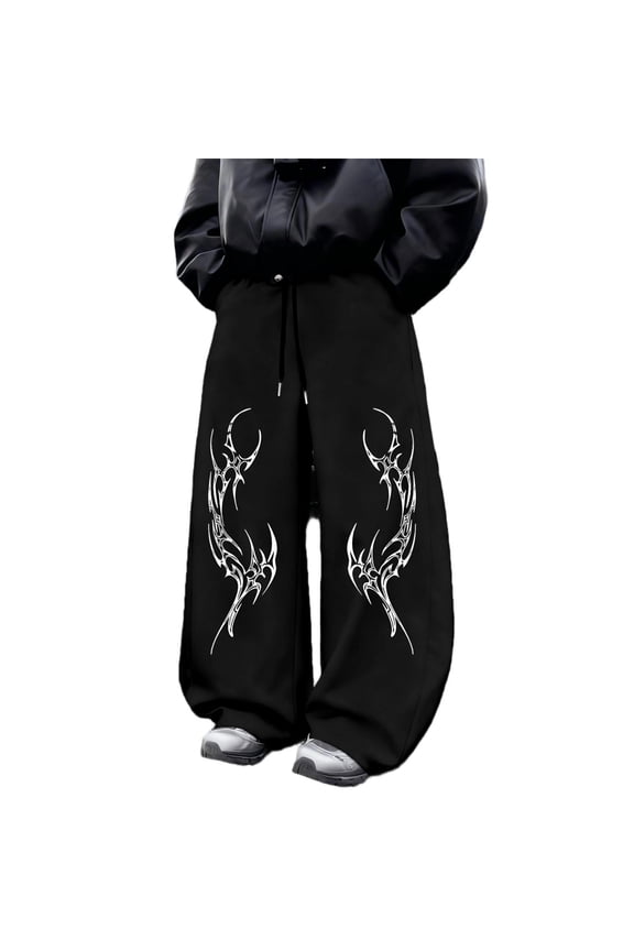 Black Streetwear Goth Oversized Joggers Y2K Baggy Sweatpants Mens Baggy Trousers, Gym Joggers Men with Symmetric Tribal Thorn Print, Punk Alt Festival Casual Lounge Wear