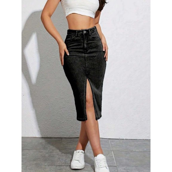 Black Stretch Denim Midi Pencil Skirt With Front Slit