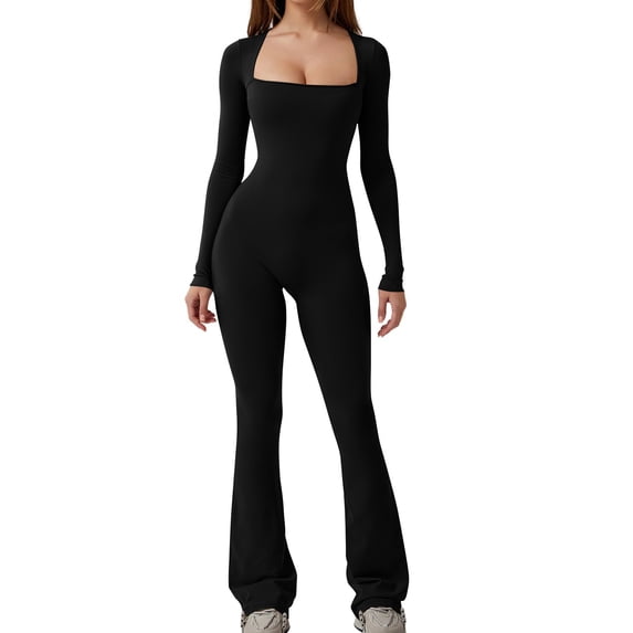 Black Stretchy Going Out Coveralls for Women Winter Fall Bodycon Butt Lifter Flared Wide Leg Hide Belly Fat Basic Long Bootcut Leg Overalls Pants Unitard Women 2026 L