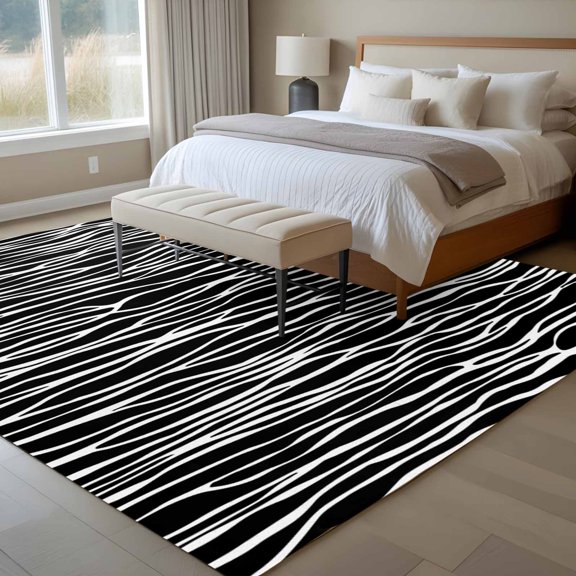 Black Stripe 6x9 Rug for Dining Room Table and Chair Setup, Retro Abstract Art Geometric Black Stripe Waves Low Pile Washable Non Slip Rectangle Area Rug