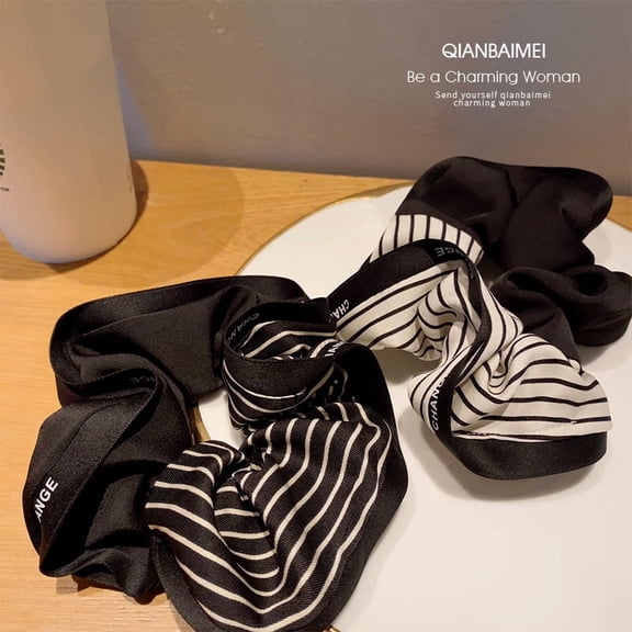 "Black Stripe Double-Sided Puff Hair Tie - French Vintage Elegance, Versatile & Stylish Hairband with Mixed Fabric Elastic"
