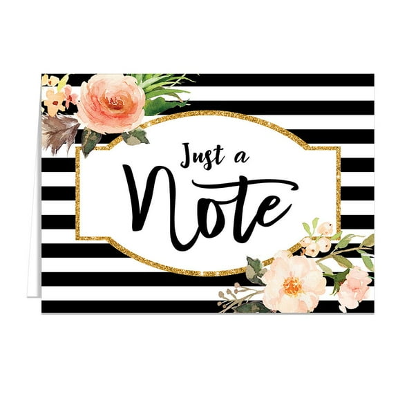 Black Stripe Floral And Faux Glitter Note Cards / 24 Just A Note Cards / All Occasion Greeting Cards / 3 1/2" x 4 7/8" Floral Cards