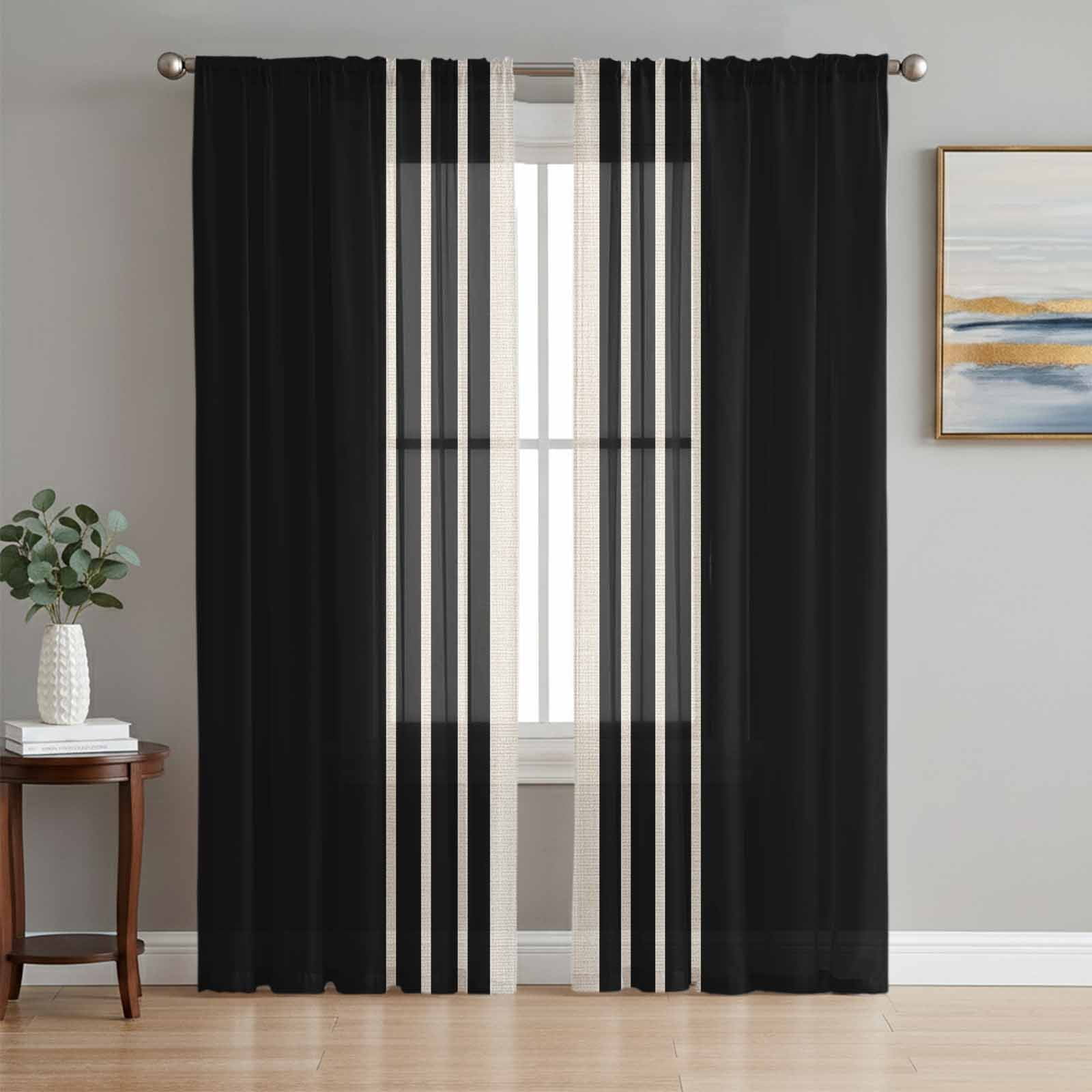 Black Stripe Line Chiffon Sheer Curtains 84 Inches Long, Retro Linen 2 Rod Pocket Window Treatment Voile Drapes Curtains for Living Room Bedroom,2 Panels, 52x84In