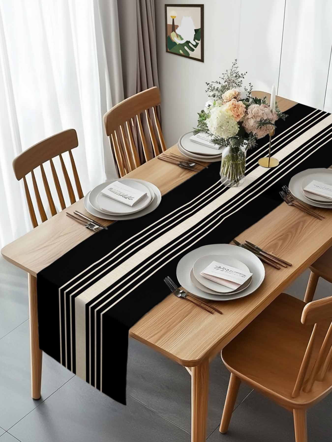 Black Stripe Line Table Runner 90 Inches Long, Retro Linen Table Runners Tabletop Scarf Kitchen Dining Tables Decoration for Home Party Indoor Outdoor