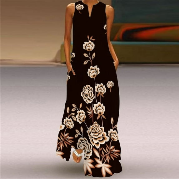 Black Stripe Printed Beach Dress Robe Casual Plus Size Long Dresses Summer Woman Sleeveless Maxi Women Pocket Dress