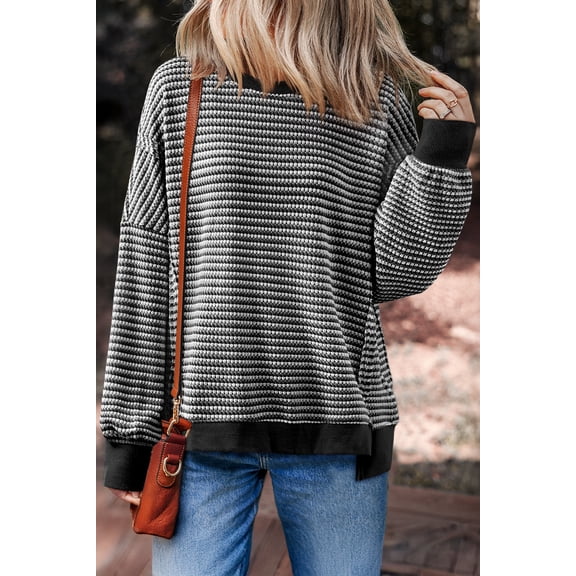 Black Stripe Ribbed Trim Drop Shoulder Long Sleeve Oversize Top