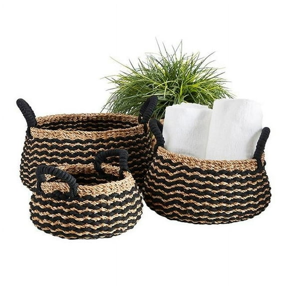 Black Stripe Round Basket with Handle Set - Set of 3