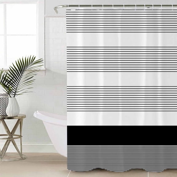 Black Stripe Waterproof Fabric Shower Curtain, Modern Rustic Horizontal Black Striped Shower Curtain for Bathroom Curtains Bathtubs Hotel Washable Shower Curtains with 12 Hooks Stall 48x72in