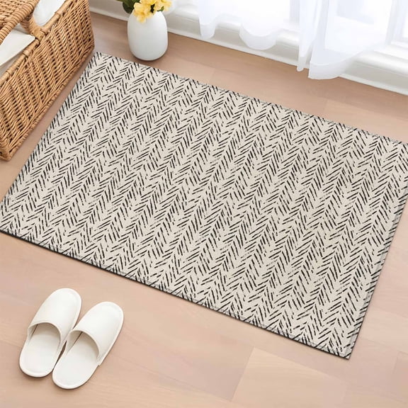 Black Striped 2'x3' Rug for Entryway Front Door Kitchen Sink Area, Brown Background Modern Retro Geometric Low Pile Washable Non Slip Rectangle Area Rug