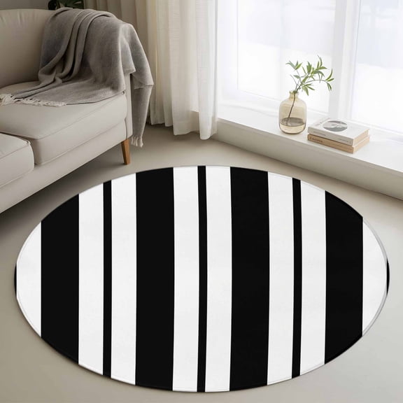 Black Striped 4' Round Rug for Cozy Reading Nook Home Office Chair Area, Modern Stripes Farmhouse Rustic Country Washable Non Slip Circle Area Rug