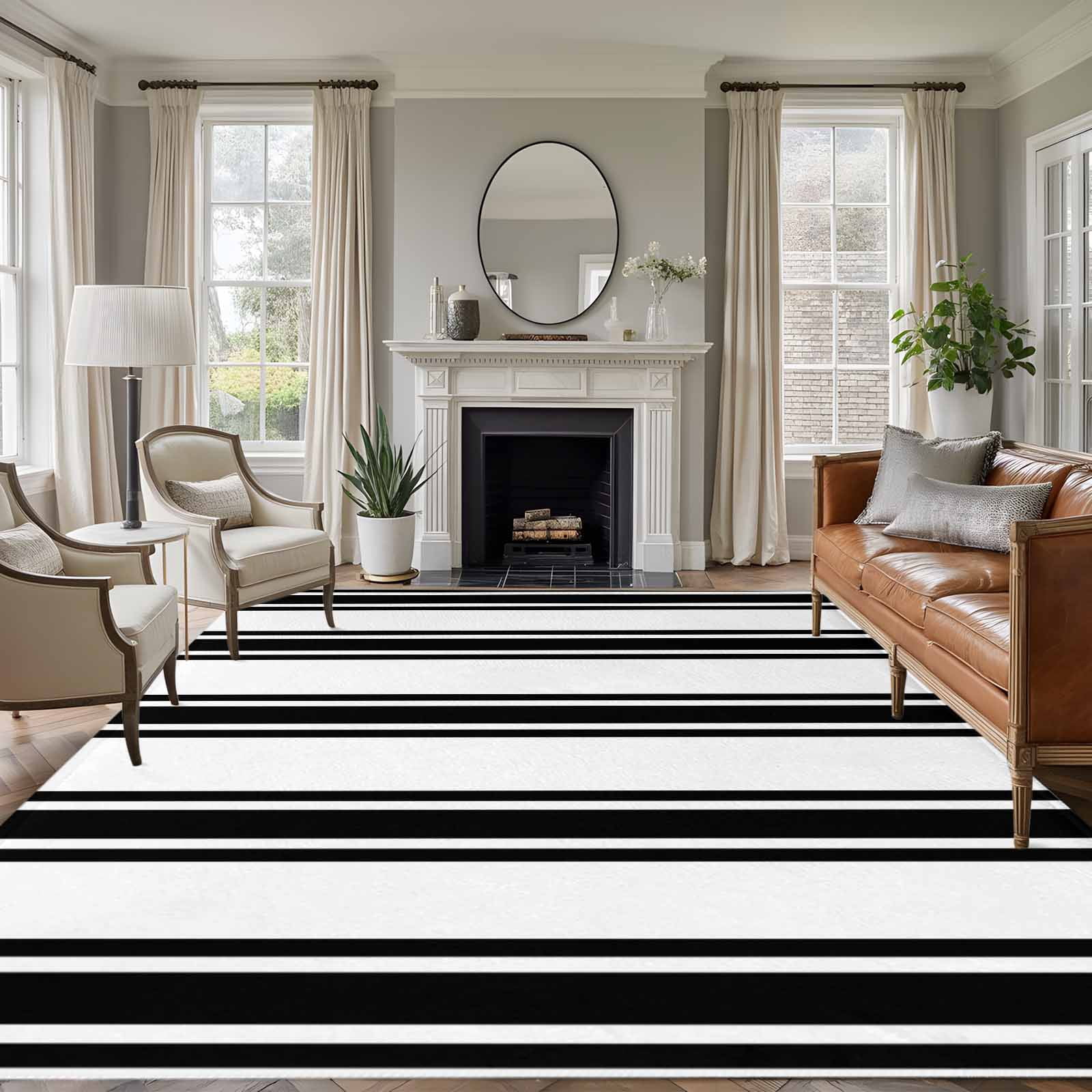 Black Striped 5'x8' Rug for Bedroom Under Queen Bed Placement, Modern ...