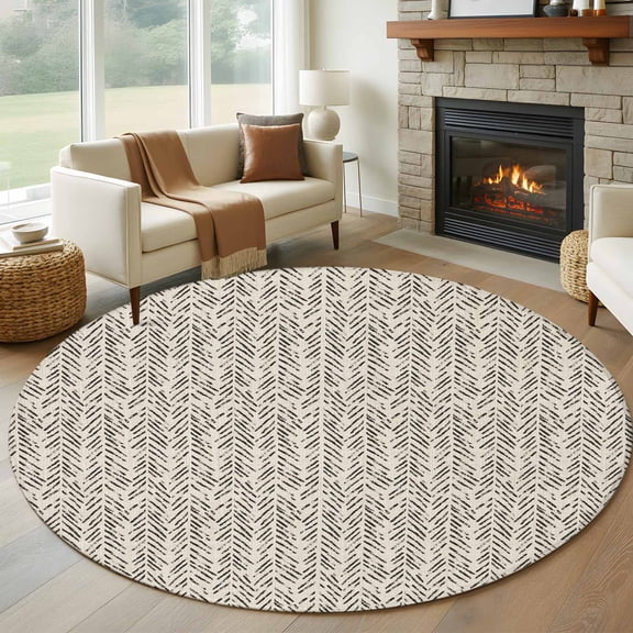 Black Striped 8' Round Rug for Open Concept Living Room Seating Zone, Brown Background Modern Retro Geometric Washable Non Slip Large Circle Area Rug
