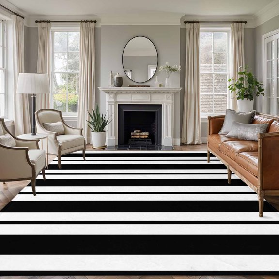 Black Striped 8'x10' Large Area Rug for Living Room Sectional Sofa, Modern Stripes Farmhouse Rustic Country Washable Non Slip Low Pile Rectangle Area Rug