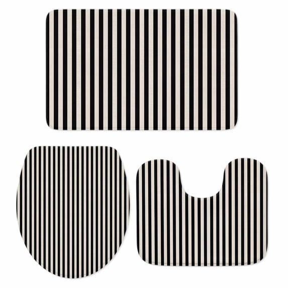 Black Striped Bath Mat 3 Piece Bathroom Rug Set, Modern Simple Farmhouse Beige Vintage Non Slip Bath Rug Contour Mat and Toilet Lid Cover, Absorbent Shower Mats Soft Bath Rugs and Mats Sets