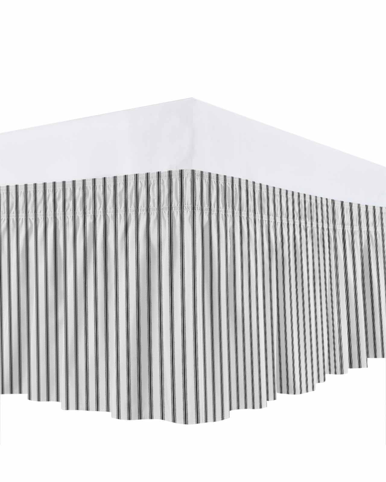 Black Striped Bed Skirt King Size, Black White Stripes Farmhouse Wrap Around Bed Skirting with Adjustable Elastic Strap, Dust Ruffle Pleated Bedskirts 16 Inch Drop for Bedroom King Beds