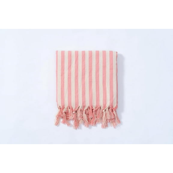 Pink-White Cotton Linen Turkish Towel, Quickly Dry Striped French Throw, Soft Beach Towel