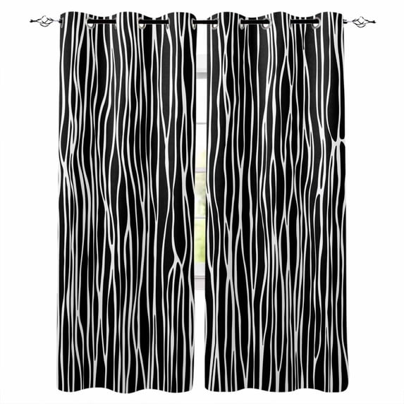 Black Striped Blackout Curtains 90 Inch Length 2 Panels Set for Living Room Bedroom, Retro Wave Lines Texture Simple Privacy Window Treatment Thermal Insulated Black Out Drapes 52"x90"