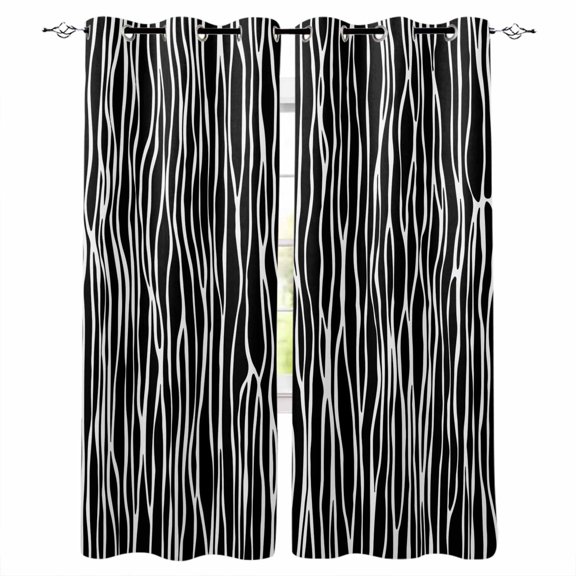 Black Striped Blackout Curtains for Bedroom 45 Inch Length 2 Panels Set, Retro Wave Lines Texture Simple Thermal Insulated Energy Saving Window Treatment Curtains Blackout Drapes 52"x45"