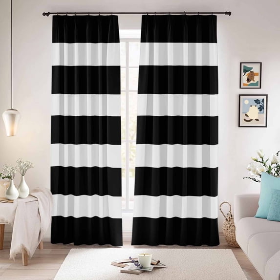 Black Striped Blackout Curtains for Bedroom/Living Room, Pinch Pleated Black Out Curtains, Modern Simple Monochrome Geometric White Room Darkening Window Drapes with Hooks 2 Panels, 59"x70"