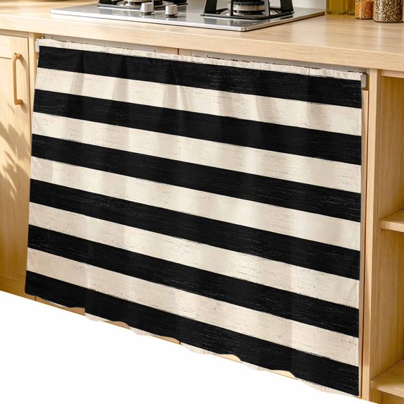 Black Striped Cabinet Dishwasher Hidden Curtains, Privacy Closet Door Curtain, Farmhouse Country Minimalist Cream Stripes Adhesive Dust Proof Under Sink Skirt for Bathroom Kitchen 35"x35"