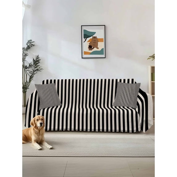 Black Striped Couch Cover for 2 Cushion Couch, Modern Simple Farmhouse Beige Vintage Washable Love Seat Sofa Covers Slipcover, Throw Sofa Covers for Pets, Furniture Protector 71"x102"
