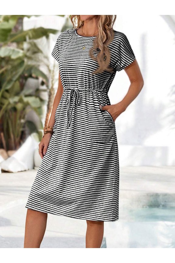 Black Striped Drawstring Waist A-Line Midi Dress With Slant Pockets