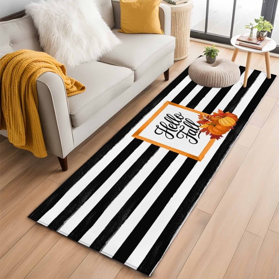 Black Striped Fall 2'x6' Runner Rugs for Hallway Kitchen Bedside Non Slip Washable, Thanksgiving Pumpkins Farmhouse Art Entryway Rug Runners with Rubber Backing, Long Carpet Runner for Laundry Room