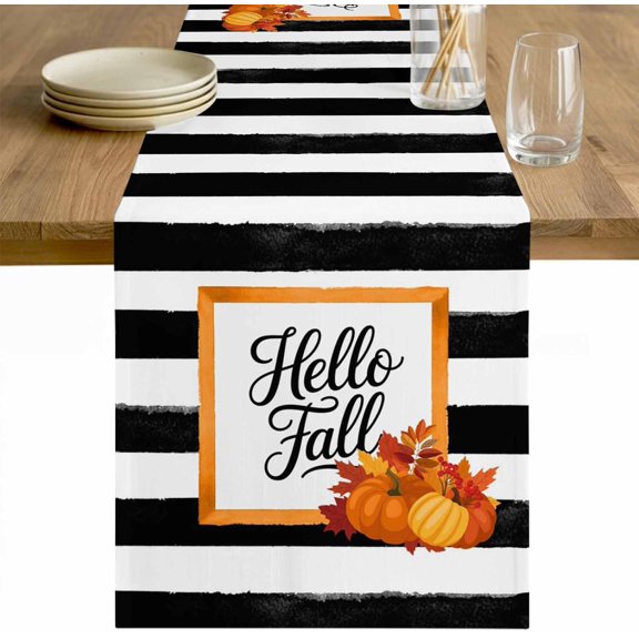 Black Striped Fall Table Runner 120 Inches Long Tablerunner Dresser Scarves, Thanksgiving Pumpkins Farmhouse Art Kitchen Dinner Cafe Table Runners Table Decor for Coffee/Party/Wedding, 13" x 120"