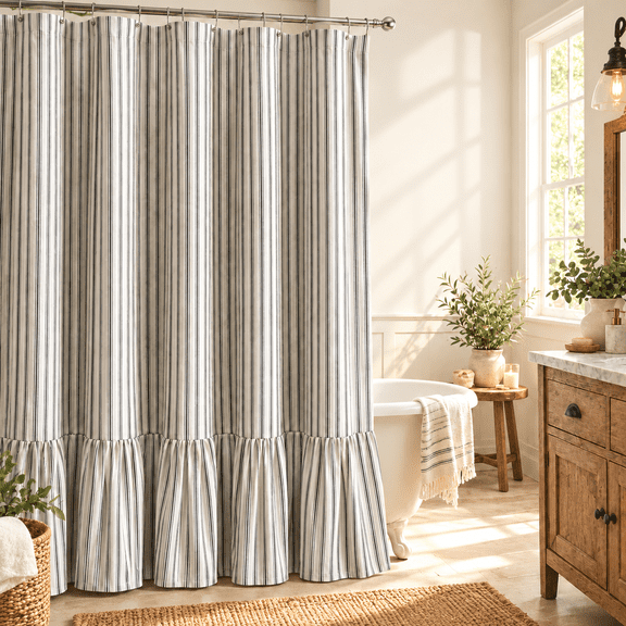 Black Striped Farmhouse Shower Curtain with Ruffle Hem, 72 x 72 Inch Linen Textured Rustic Shower Curtain for Bathroom, Vintage Country Cottage Style, Black and Cream