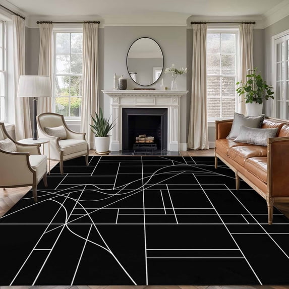 Black Striped Geometric Area Rugs 6'x9', Washable Small Throw Rugs for Kitchen Dining room, Modern Abstract Art Stripes Indoor Outdoor Rug Non-Slip Low Pile Carpet Runner Reversible Floor Mats