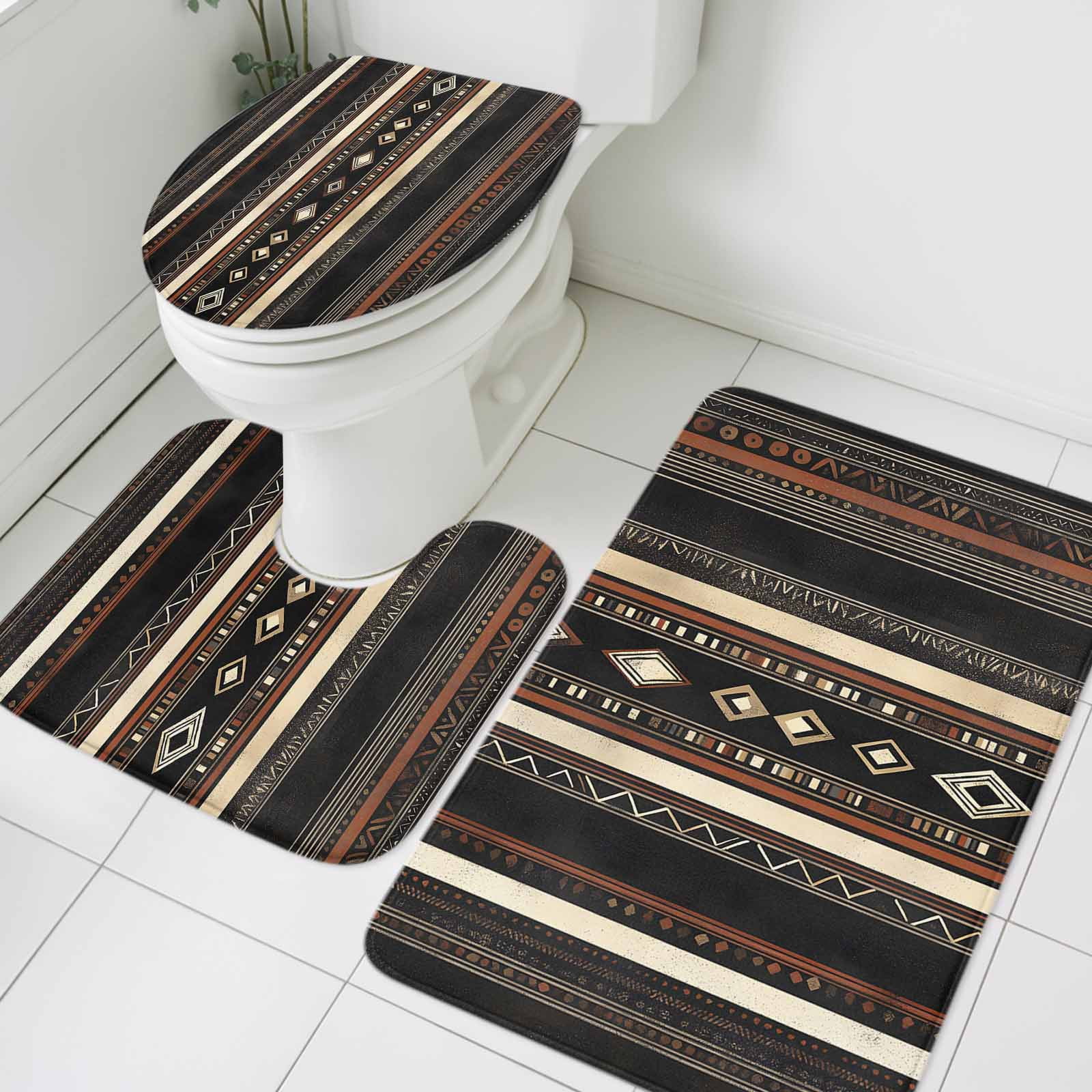Black Striped Geometric Bathroom Rugs Set Vintage National Style ...
