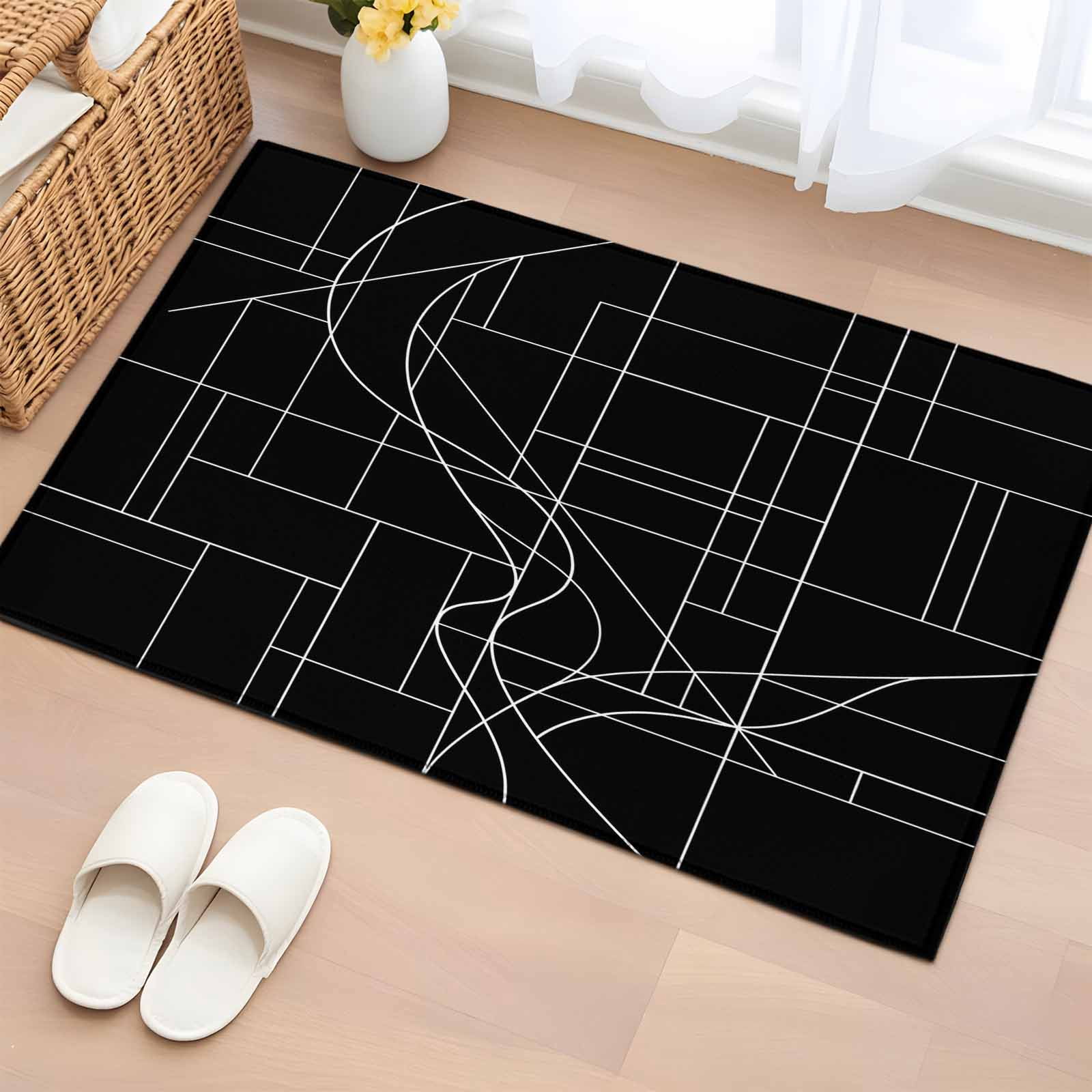 Black Striped Geometric Entryway Rug 2'x3'&nbsp; Non Slip Front Door Mats, Modern Abstract Art Stripes Entrance Rugs Indoor Outdoor Carpet, Washable Floor Mats Small Area Rug for Bedroom Kitchen