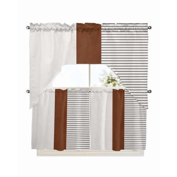 Black Striped Geometric Kitchen Curtain and Valance Set 3 Pieces, Rod Pocket Short Tier Curtains 24 Inch Length, Modern Boho Brown Rustic Swag Topper Small Window Treatment for Cafe Bathroom Bedroom