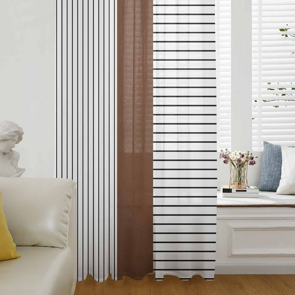 Black Striped Geometric Semi Sheer Curtains Drapes for Living Room, Bedroom, French Doors Window 54 Inches Long, Modern Boho Brown Rod Pocket Chiffon Curtain Drapery Voile Draperies Panel