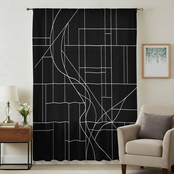Black Striped Geometric Sheer Curtains 45 Inches Long for Bedroom, Modern Abstract Art Stripes Light Filtering Privacy Drapes, Breathable Semi Sheer Short Window Treatment for Kitchen Cafe Bathroom