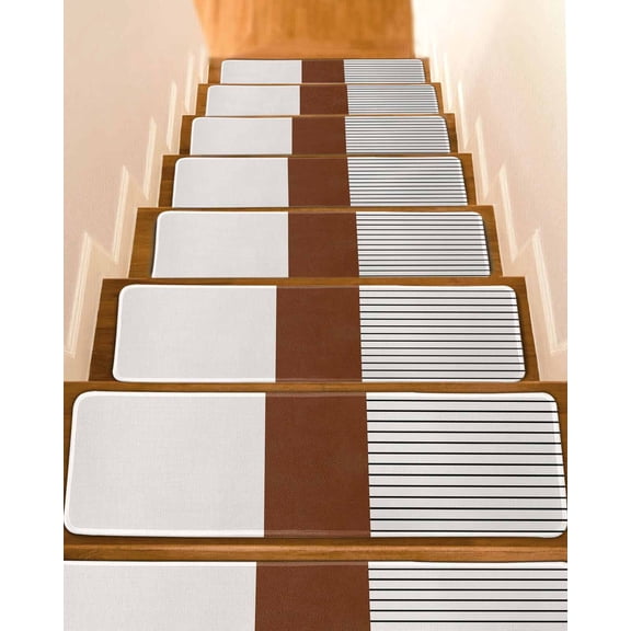 Black Striped Geometric Stair Treads for Wooden Steps Indoor Runner Rug Carpet, Modern Boho Brown Rustic 15 Pieces Peel and Stick Staircase Step Treads Covers Washable Throw Door Mats, 30"x8"