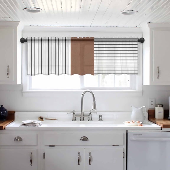 Black Striped Geometric Valance Curtains for Kitchen/Living Room/Bathroom/Bedroom Window, Modern Boho Brown Rod Pocket Small Topper Half Short Window Curtains Voile Sheer Scarf 42"x12"