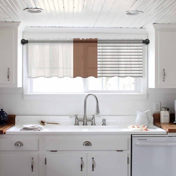 Black Striped Geometric Valance Curtains for Kitchen/Living Room/Bathroom/Bedroom Window, Modern Boho Brown Rustic Rod Pocket Small Topper Half Short Window Curtains Voile Sheer Scarf 42"x12"