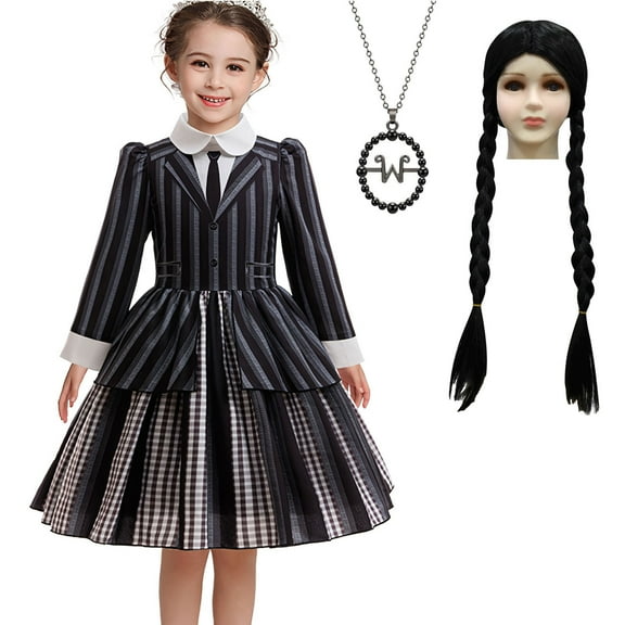 Black Striped Gothic College Uniform Costume w/Wig for Girls Halloween Outfit 4-5Y
