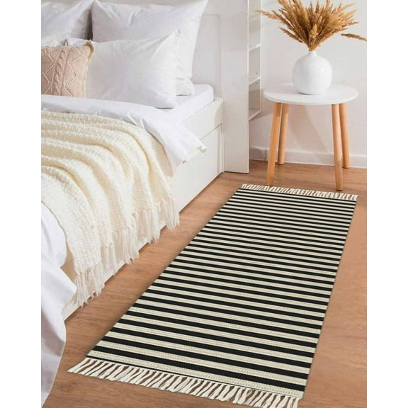 Black Striped Hallway Runner Rug 2x6ft,Modern Simple Farmhouse Beige Vintage Washable Woven Living Room Bedroom Kitchen Bathrom Carpet with Tassels,Indoor Outdoor Throw Door Mat for Entryway