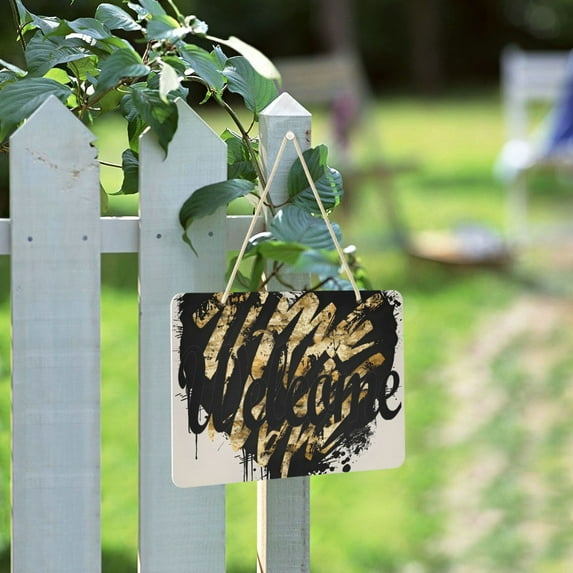 Black Striped Heart Welcome Sign for Front Door Porch Wreath Door Sign Home Decoration Rustic Farmhouse Style