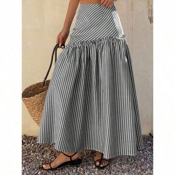 Black Striped High-Waist Tiered Maxi Skirt With Ruffled Waistband