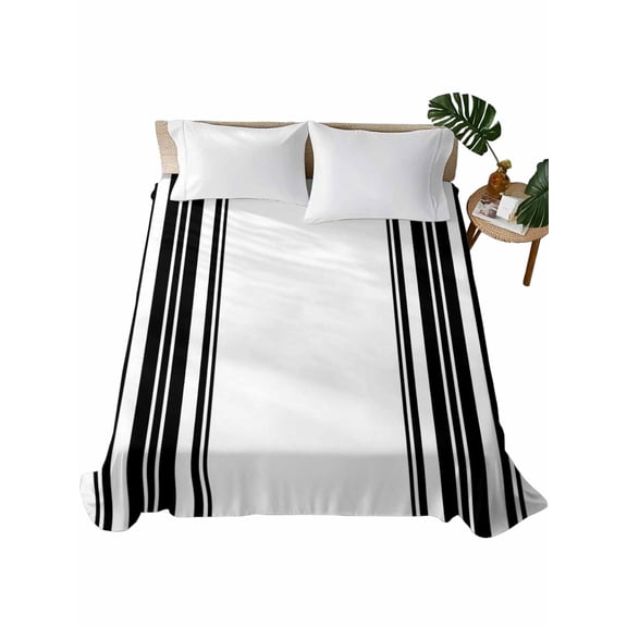 Black Striped King Size Flat Sheet Only, Hotel Luxury Microfiber Bed Top Sheets, Modern White Striped Abstract Art Aesthetics Soft Breathable Bedding Sheet for Bedroom, Easy Care - 105" x 98"